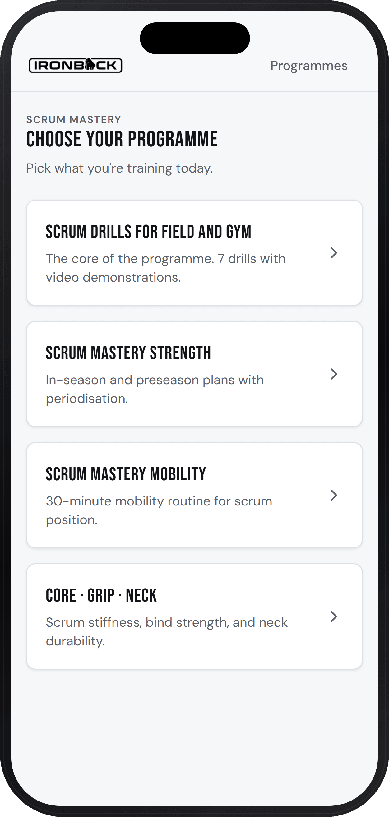 The Ironback app showing the daily programme picker on an iPhone